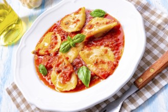 Delicious pasta - ravioli in tomato sauce with basil