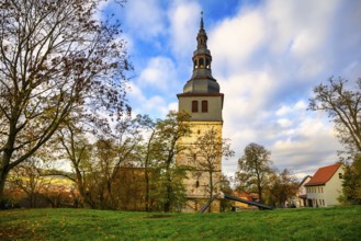 A view of the leaning church tower of Bad Frankenhausen in the morning sun