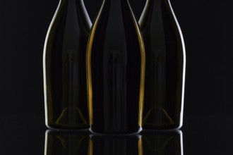 Three different bottles of wine on the black glass