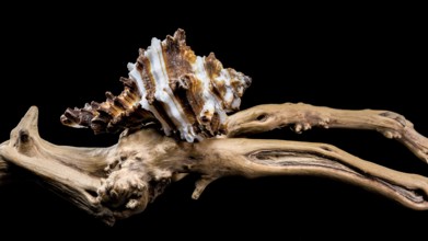 Close-up of an Endive Murex snail shell, Muricidae family, resting on rugged driftwood,