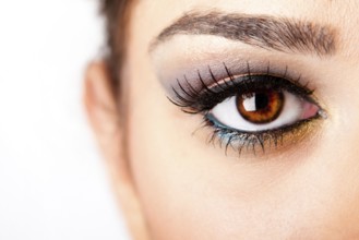 Fashion beautiful female brown watchful eye with long black eyelashes mascara, isolated, New York,