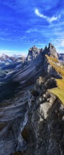The peaks Sas Rigais and Furchetta of the Geisler group, panoramic photo, drone photo, Val Gardena,
