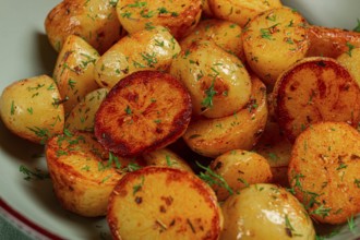Baked new potatoes, with butter and dill, homemade, no people
