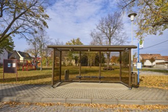 Möglenz bus stop with bus shelter, lantern and autumnal trees, Dorfstraße, Möglenz district, Bad