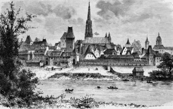 City view across the Danube to Vienna in the 15th century, city wall with battlements and entrance