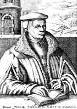 Thomas Müntzer or Münzer (1489-1525) after a woodcut, portrait, in the background depiction of his