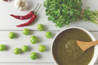 Tkemali sauce, traditional Georgian cuisine, green cherry plum, with ingredients for sauce,