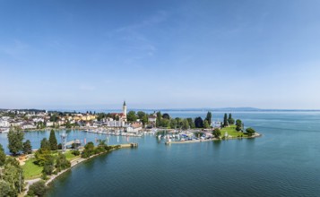 Harbour area, ferry port, yacht harbour, marina of Romanshorn with adventure playground on the