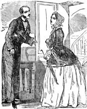 Young woman demands to see the master of the house, servant opens the door with a critical look,