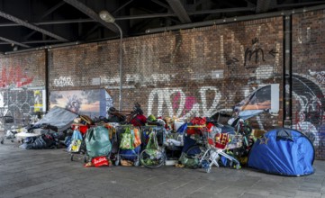 Waste and rubbish collection point, homeless people under the Jannowitzbrücke, Berlin, Germany,