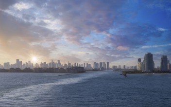 USA, scenic Miami harbor panoramic skyline close to Miami port and Biscayne bay., North America