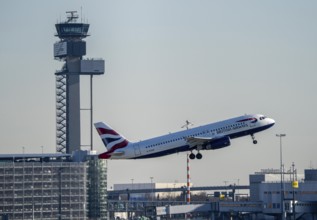 British Airways Airbus A320 aircraft taking off on the main runway south, 05R/23L, Düsseldorf