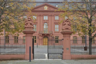 Entrance with metal fence to the state parliament, portal, autumn atmosphere, baroque