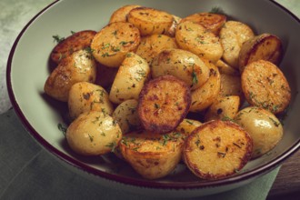 Baked new potatoes, with butter and dill, homemade, no people