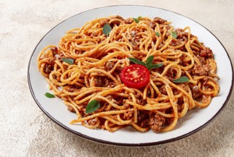 Spaghetti Bolognese, top view, close-up, no people, homemade