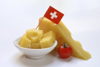 Emmental cheese in cubes with Swiss flag, Switzerland, Europe