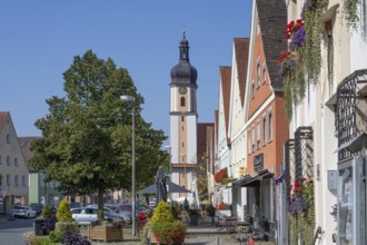 Historic old town houses behind the Church of the Assumption of the Virgin Mary, Allersberg, Middle
