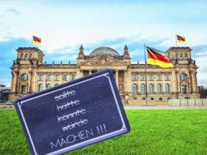 Symbolic image, Bundestag, new government 2025, make sign with request, world crisis, wars,