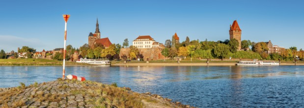 View over the river Elbe to Tangermünde, view of the old town with St Stephen's Church, town wall