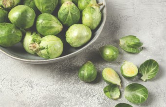 Fresh Brussels sprouts, raw, top view, on a gray table, no people