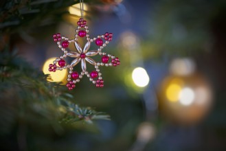 Interior shot, close-up, poinsettia star, made of beads, Christmas tree ball, hanging on Christmas