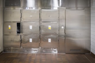 Hospital, morgue, pathology, cold room with metal doors and sterile-looking surroundings, tiled