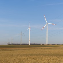 Wind turbines and power lines in an autumnal field under a clear sky, solar park, near Ulm, Swabian