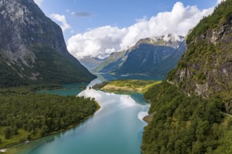 Mountain landscape and lake, Lovatnet, Loen, Norway, Europe