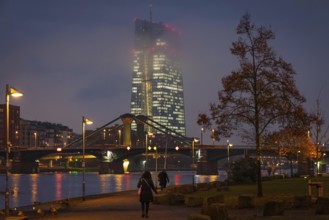 Low clouds envelop the illuminated European Central Bank (ECB) in Frankfurt am Main in the evening.