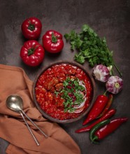 Chashushuli, a traditional Georgian dish, spicy, stewed meat with tomatoes and spices, homemade, no