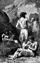 Cave dwellers painting walls and tools, rock cave, stone age, painting, early history of mankind,