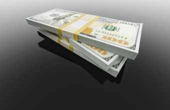 Stack of thirty thousand dollars of one hundred dollar bills on black reflective surface.