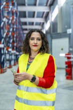 Vertical portrait of a female manager of warehouse wearing safety reflective clothes using mobile