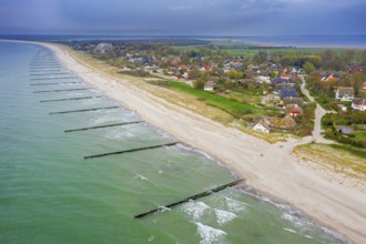 Aerial view over seaside resort Ahrenshoop and sand beach on the Fischland-Darß-Zingst peninsula