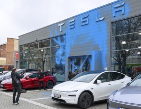 Emma Dorrow and Judith Beadle from the New Generation spray TESLA store with AfD blue paint. Tesla