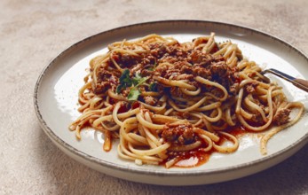 Spaghetti Bolognese, top view, close-up, without people, homemade