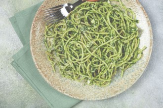 Spaghetti with pesto sauce, homemade, no people