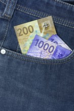 Banknotes in trouser pocket, Swiss franc, Switzerland, Europe