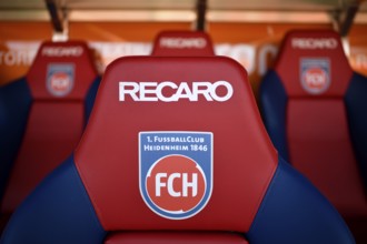 bench, bench, empty, logo, Recaro, seats, Voith-Arena, Heidenheim, Baden-Württemberg, Germany,