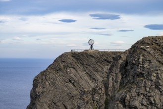 North Cape cliff with steel globe, Nordkapp, Finnmark, Norway, Europe