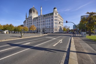 Yenidze tobacco factory, oriental buildings, historical factory, traffic light crossing Magdeburger