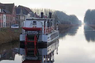 Nostalgic paddle steamer Lamme Goedzak spends the winter on the canal from Damme to Bruges, Damme,