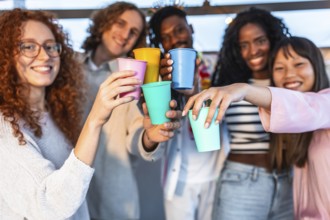 Frontal view of a group of young happy multi-ethnic friends toasting at camera celebrating in