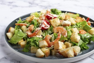 Caesar salad, with shrimp, on a marble background, top view, no people