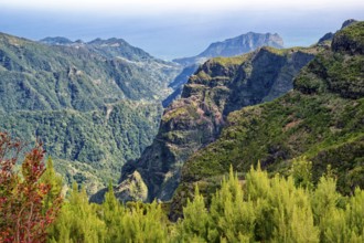 Mountain landscape in the Massif Central, central mountains near Pico do Areeiro, rocks, clouds,