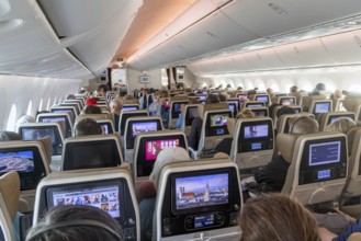 Etihad airline aircraft, interior, rows of seats with passengers. Boeing 787 aircraft on a flight