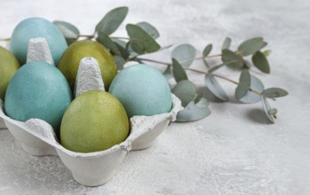 Easter colored eggs, in green and turquoise tones, with eucalyptus leaves, Easter card, top view,