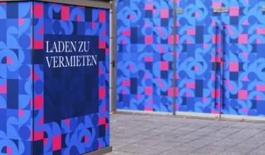 Shop for rent, red blue graphic on a commercial property, Berlin, Germany, Europe