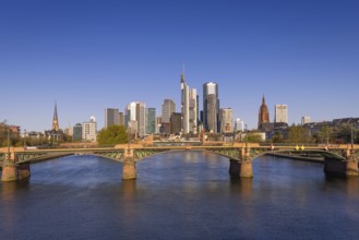 The sun shines on the skyscrapers of Frankfurt's banking skyline in the morning, Frankfurt am Main,