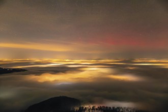 Firework lights under the sea of fog. New Year's Eve fireworks 2024 and a little red Aurora